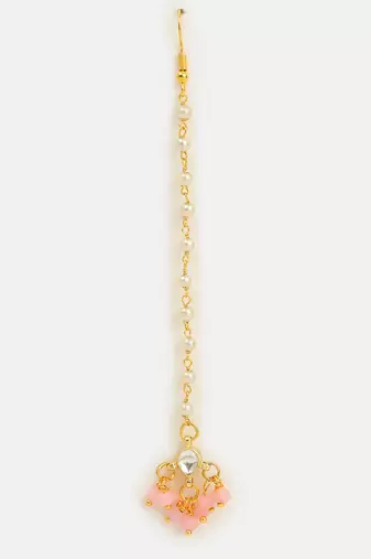 Pink kundan drop maang tikka