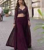 Wine faux georgette embroidered readymade indowestern dress