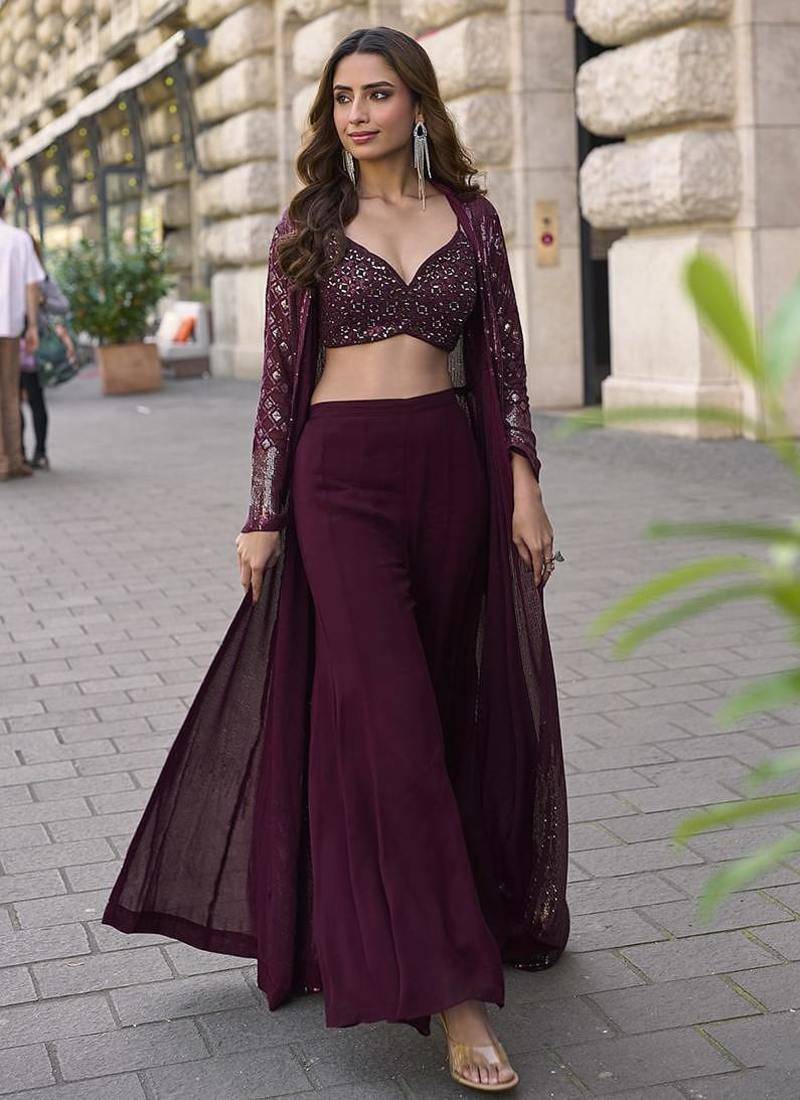 Wine faux georgette embroidered readymade indowestern dress
