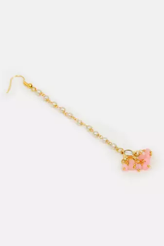 Pink kundan drop maang tikka