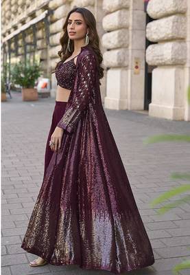 Wine faux georgette embroidered readymade indowestern dress 2