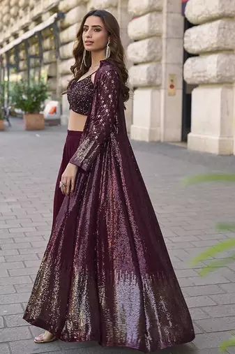Wine faux georgette embroidered readymade indowestern dress