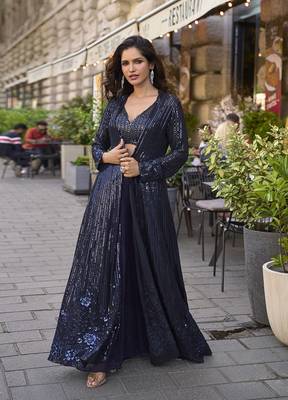 Navy blue faux georgette embroidered readymade indowestern dress 1