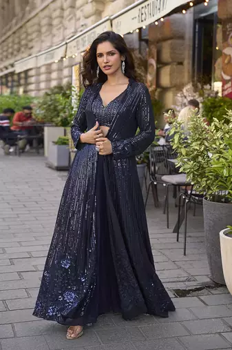 Navy blue faux georgette embroidered readymade indowestern dress