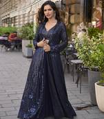 Navy blue faux georgette embroidered readymade indowestern dress