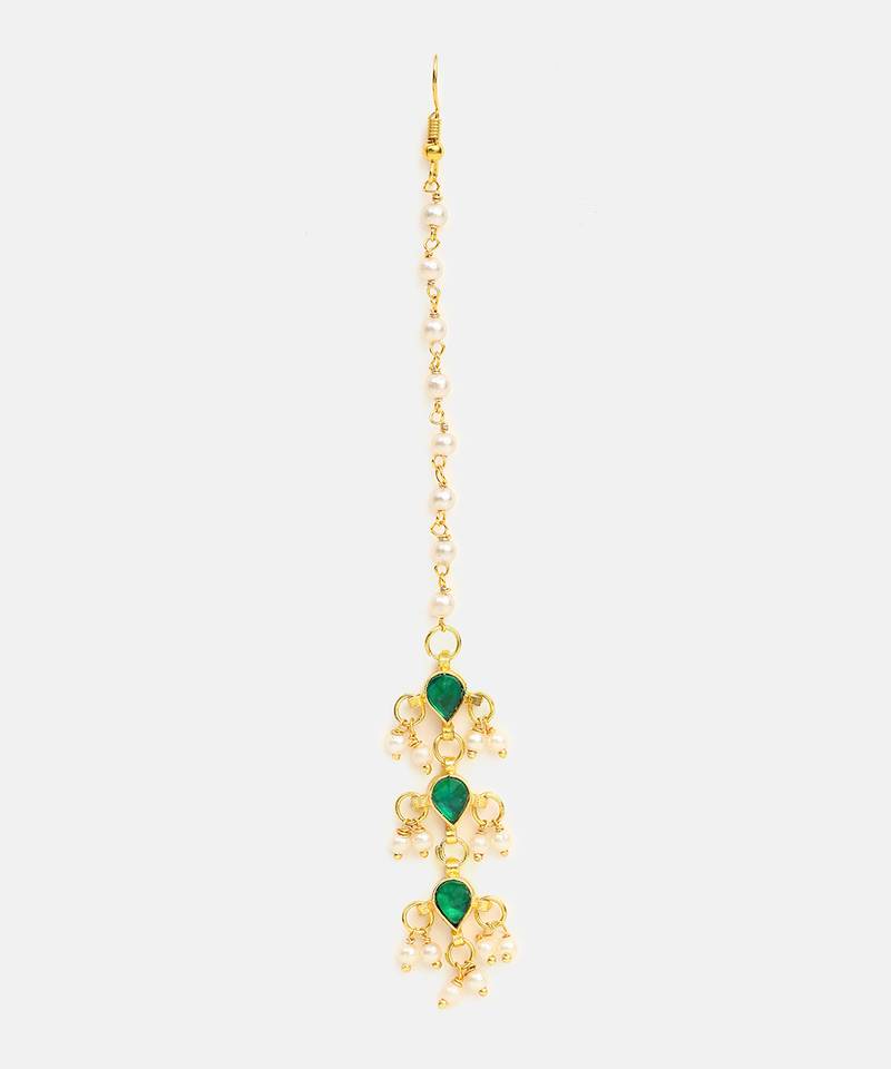 Green kundan triple drop maang tikka