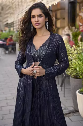 Navy blue faux georgette embroidered readymade indowestern dress