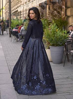 Navy blue faux georgette embroidered readymade indowestern dress 4