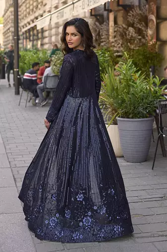 Navy blue faux georgette embroidered readymade indowestern dress