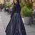 Navy blue faux georgette embroidered readymade indowestern dress