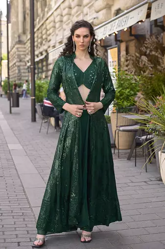 Dark green faux georgette embroidered readymade indowestern dress