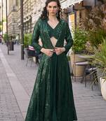 Dark green faux georgette embroidered readymade indowestern dress
