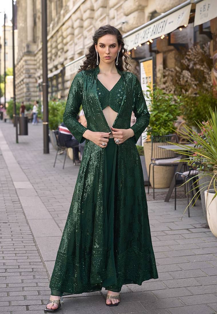 Dark green faux georgette embroidered readymade indowestern dress