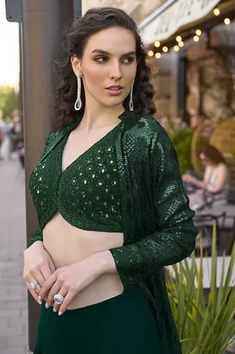 Dark green faux georgette embroidered readymade indowestern dress