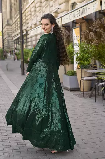 Dark green faux georgette embroidered readymade indowestern dress