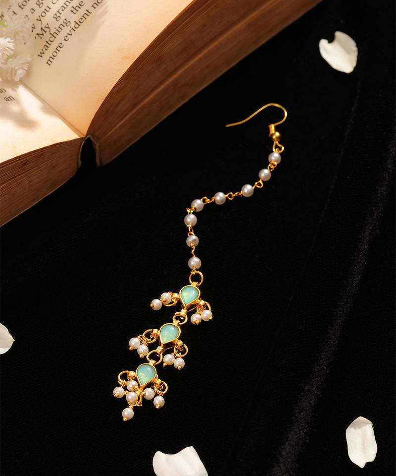 Green stone pearl triple drop maang tikka