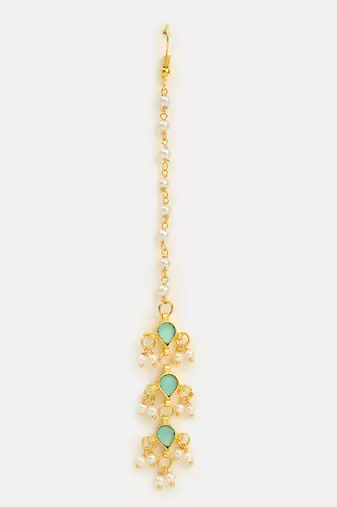 Green stone pearl triple drop maang tikka