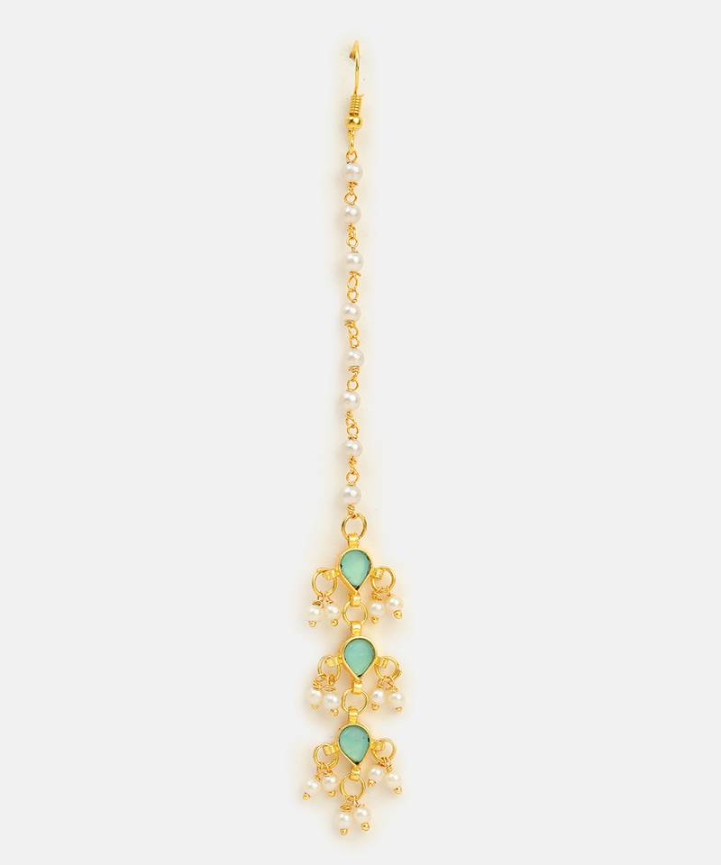 Green stone pearl triple drop maang tikka