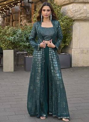 Teal faux georgette embroidered readymade indowestern dress 1