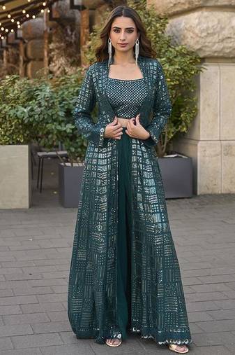Teal faux georgette embroidered readymade indowestern dress