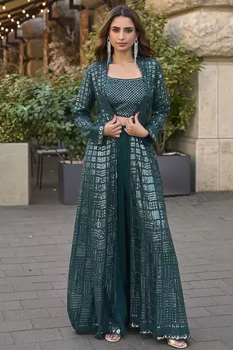 Teal faux georgette embroidered readymade indowestern dress