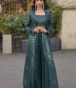Teal faux georgette embroidered readymade indowestern dress