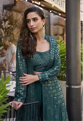 Teal faux georgette embroidered readymade indowestern dress 2