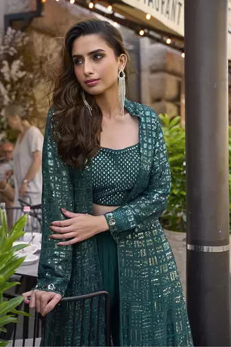 Teal faux georgette embroidered readymade indowestern dress