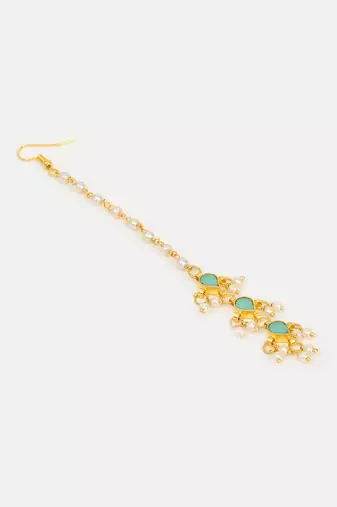 Green stone pearl triple drop maang tikka