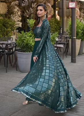 Teal faux georgette embroidered readymade indowestern dress 4