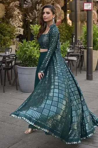 Teal faux georgette embroidered readymade indowestern dress
