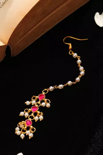 Ruby red teardrop pearl maang tikka