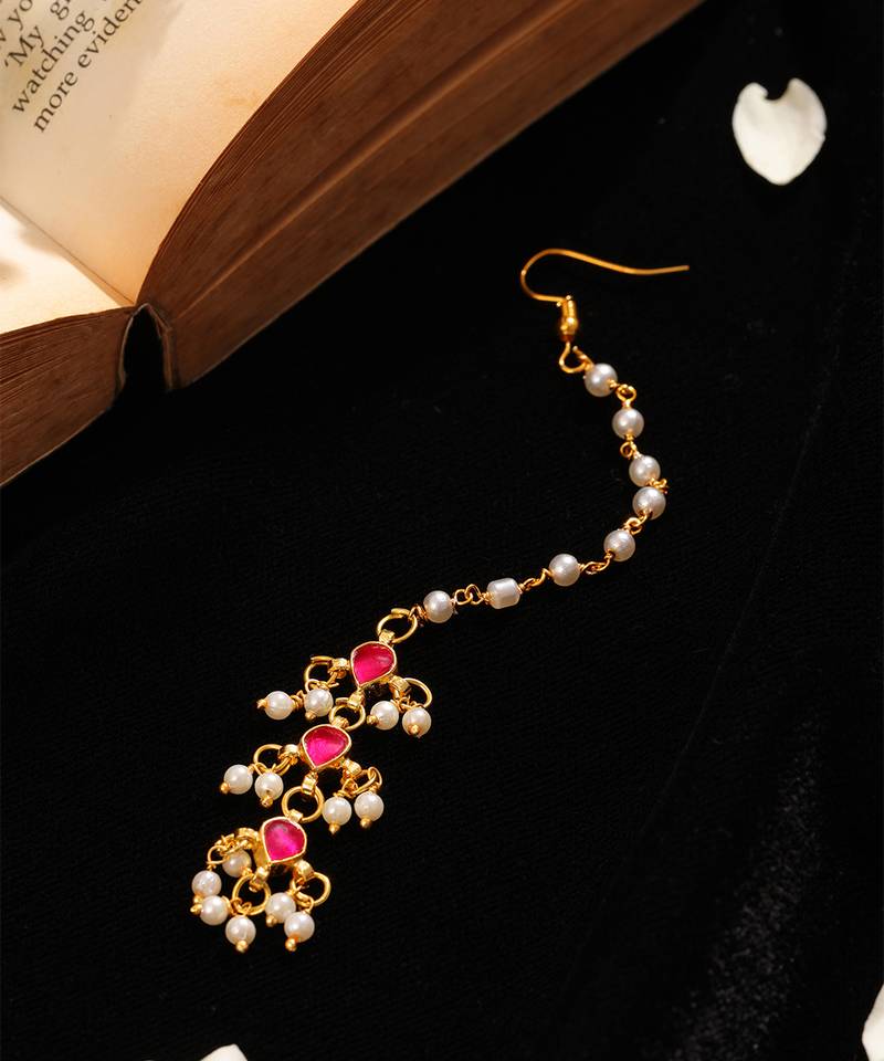 Ruby red teardrop pearl maang tikka