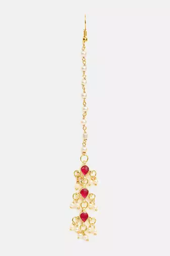 Ruby red teardrop pearl maang tikka