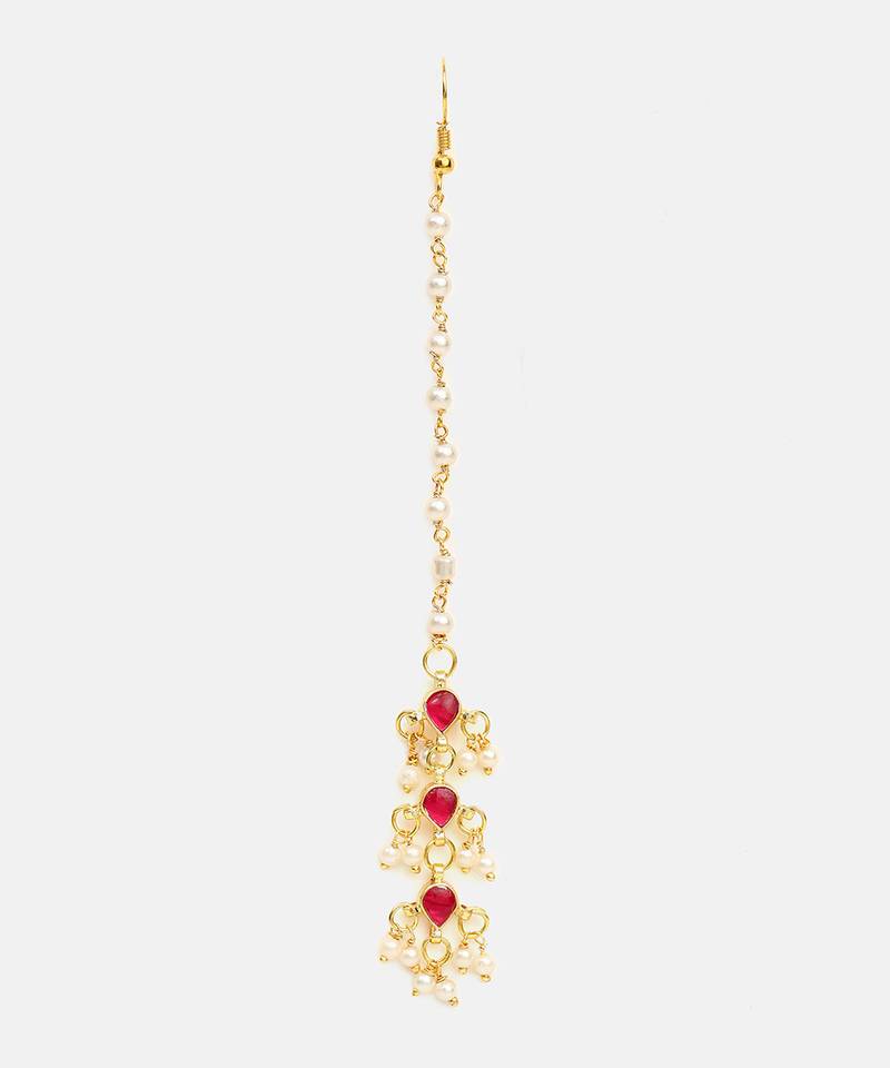 Ruby red teardrop pearl maang tikka