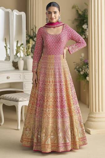 Rani pink and orange faux georgette embroidered readymade gown with dupatta