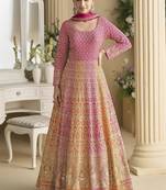 Rani pink and orange faux georgette embroidered readymade gown with dupatta
