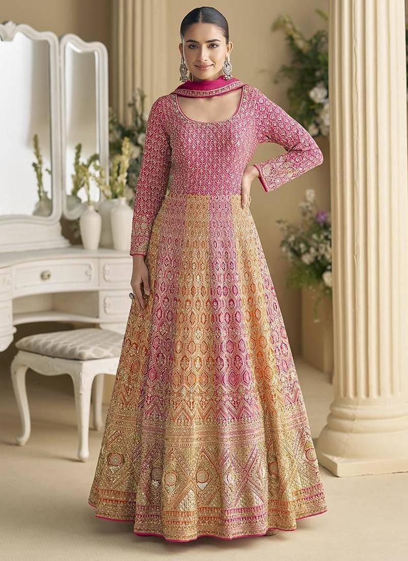 Rani pink and orange faux georgette embroidered readymade gown with dupatta