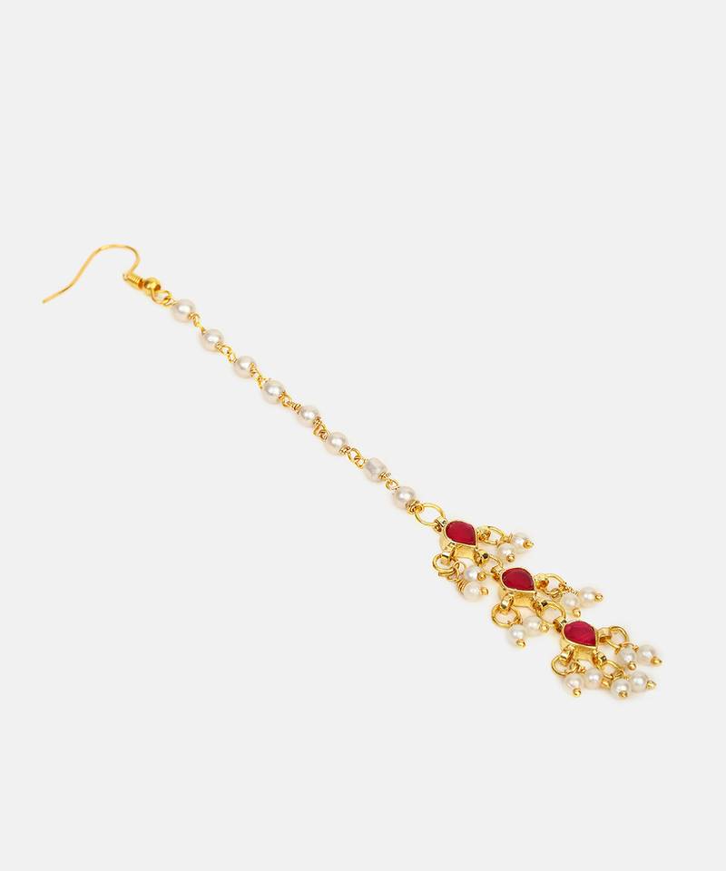 Ruby red teardrop pearl maang tikka