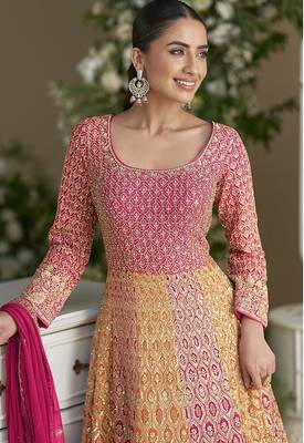Rani pink and orange faux georgette embroidered readymade gown with dupatta 2