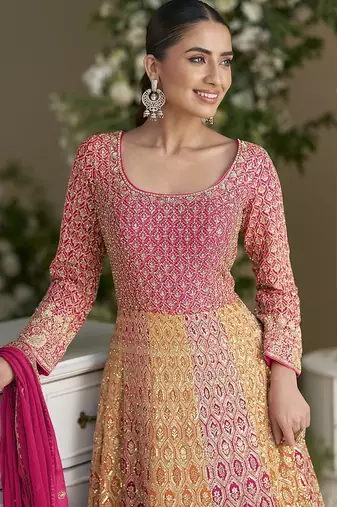 Rani pink and orange faux georgette embroidered readymade gown with dupatta