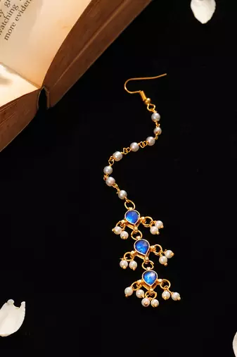 Blue kundan pearl drop maang tikka