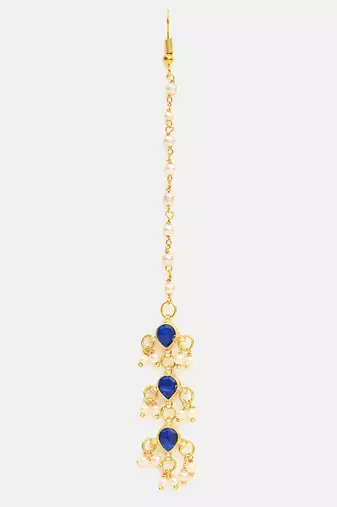 Blue kundan pearl drop maang tikka
