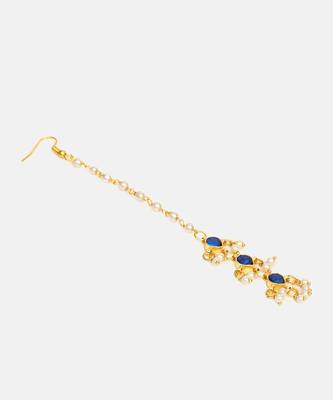 Blue kundan pearl drop maang tikka 4