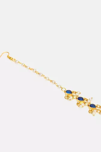 Blue kundan pearl drop maang tikka