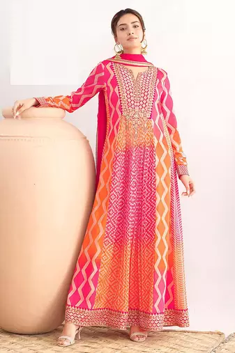 Rani pink & orange faux chinnon anarkali kurta with dupatta