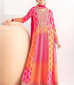 Rani pink & orange faux chinnon anarkali kurta with dupatta