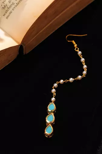 Turquoise blue pearl chain maang tikka