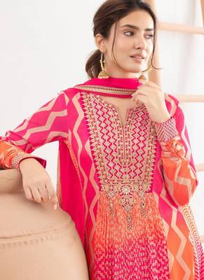 Rani pink & orange faux chinnon anarkali kurta with dupatta 2