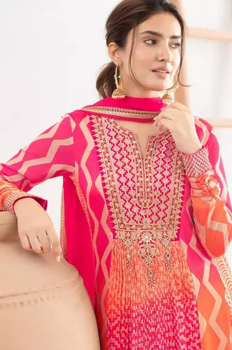 Rani pink & orange faux chinnon anarkali kurta with dupatta